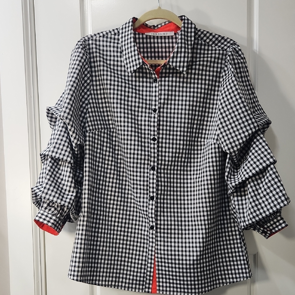 Insight Black And White Gingham Button Down Blouse Medium
